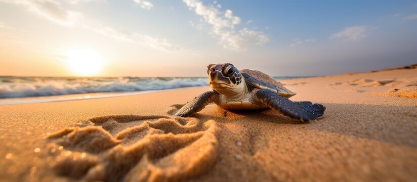 The baby loggerhead sea turtle from Boa Vista Cape Verde goes into the sea With copyspace for text