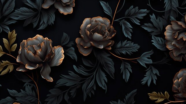 Black floral wallpaper of black roses. Generative AI