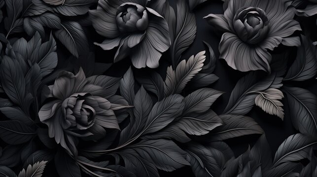Black floral wallpaper of black roses. Generative AI