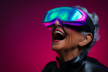 Senior Woman Using a VR Virtual Reality Headset Glasses.
