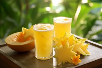 A refreshing glass of starfruit juice illuminated by the soft glow of the morning sun on a rustic wooden table