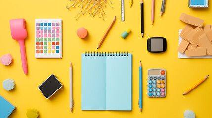 School supplies like notebooks, pencils, correctors, marker pens, binder clips, stapler, calculator  - obrazy, fototapety, plakaty