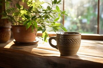 A calming cup of eucalyptus tea steaming gently in a rustic ceramic mug, placed on a wooden table with soft morning sunlight filtering through the window