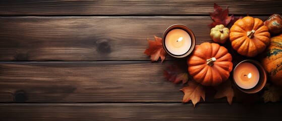 An autumnal flat lay features pumpkins and candles arrayed on a rustic table, creating a warm and inviting scene. The design leaves thoughtful empty space for text or further elements