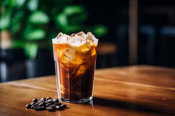A refreshing glass of iced vanilla coffee, garnished with a sprig of mint, resting on a rustic wooden table in a cozy coffee shop