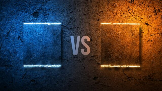 Versus battle neon glow blue yellow animation on a dirt old brick wall background 4K.