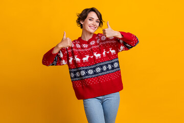 Photo of lovely girl with bob hairstyle dressed red sweatshirt showing thumbs up like christmas...