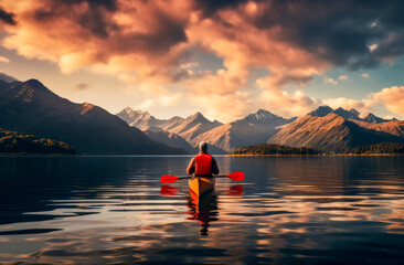 Man in a red kayak on a calm mountain lake at sunset