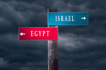 EGYPT vs ISRAEL, Middle East conflict concept. Direction signs pointing to different sides.