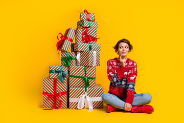 Full size photo of minded thoughtful girl dressed ornament sweatshirt dreamy look at xmas gifts...