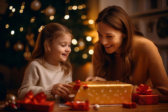 Mother and daughter open boxes with New Year's gifts near the Christmas tree 3 - Powered by Adobe