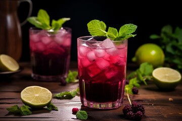 A refreshing glass of blackcurrant juice, beautifully garnished with fresh mint leaves and a slice of lemon, set against a rustic wooden backdrop