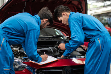 Fototapeta na wymiar Auto mechanic checking maintenance checklist while colleague worker repair car at auto garage shop. After service for safety vehicle