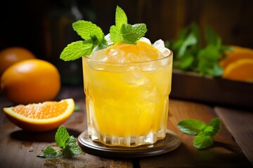Refreshing Tangerine Fizz Cocktail Garnished with Fresh Mint Leaves Served on a Rustic Wooden Table on a Sunny Afternoon