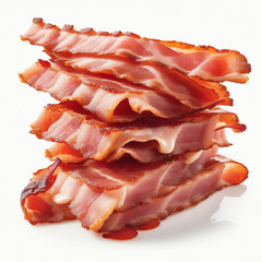  close-up of perfectly crispy bacon strips against a pristine white background."