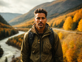 young man in a hiking in nature along a small river with a jacket and a hiking backpack