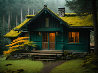 old wooden mountain house, pine forest, moss, cold weather