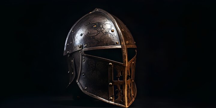Medieval helmet stock photo A replica medieval knights helmet for the protection the helmet made up of iron in silver color with dark black background Ai Generative
 