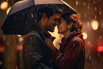 Fototapeta na wymiar Couple holding a large umbrella in the rain
