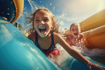 Children have fun playing on the slides in the water park - obrazy, fototapety, plakaty