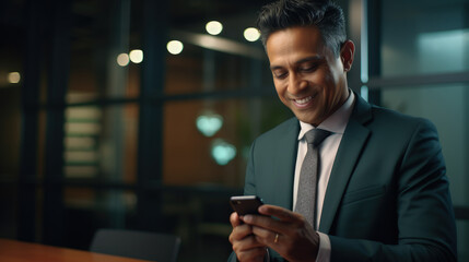 Close-up of a contented, mature businessman, Latin or Indian, with a smartphone in his office, highlighting digital technology use for business solutions.