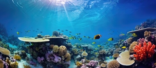 Fototapeta premium Study of marine life in underwater coral ecosystems With copyspace for text