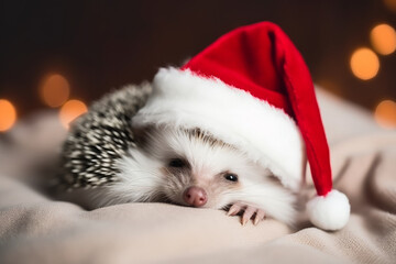 Fototapeta na wymiar Cute festive Christmas hedgehog wearing a Santa hat