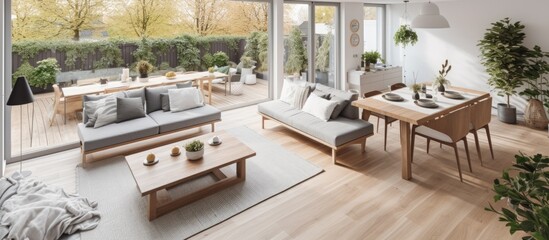 Stylish nordic living room interior with wooden dining table gray sofa terrace and backyard Real photo high angle view With copyspace for text
