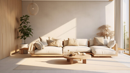 Modern interior japandi style design livingroom. Lighting and sunny scandinavian apartment with plaster and wood. 3d render illustration