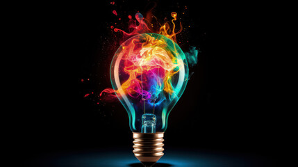 A creative light bulb exploding with colorful paint and splashes on a black background. Concept for thinking differently and creative ideas.