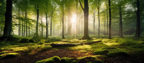 Sun rays filtering through a forest of beech trees with ferns on the ground With copyspace for text