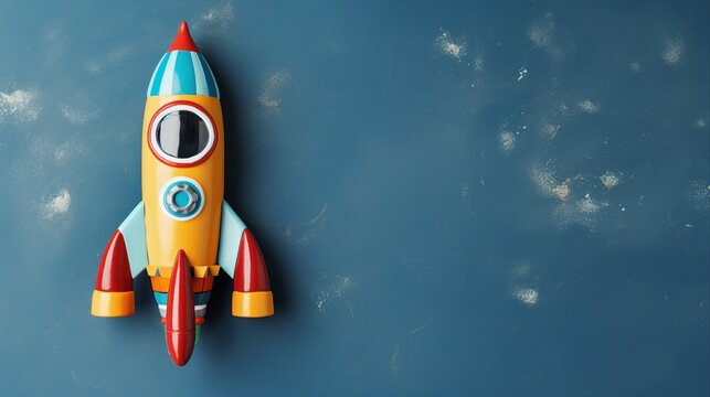 Bright toy rocket and school supplies on chalkboard, flat lay with space for text. Banner design