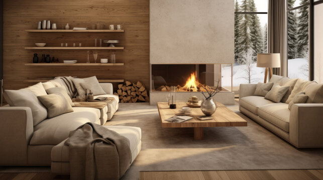 Interior of a modern chalet in the mountains with a fireplace and firewood. Winter forest outside the window.