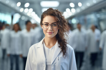 Fototapeta premium Half body view of beautiful female scientist standing in white coat and glasses in modern medical science laboratory with team of experts in the background.
