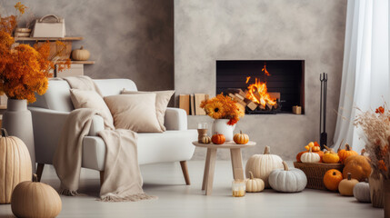 Vase with dried flowers and spikelets, pumpkins and candles. Autumn interior of a country chalet for Thanksgiving.