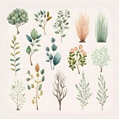 cute bushes collection on white background with margins watercolor soft boho colors  - obrazy, fototapety, plakaty