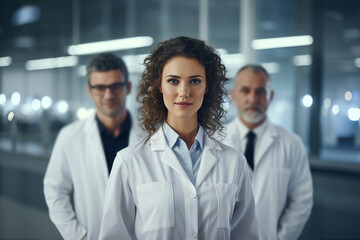 Half body view of beautiful female scientist standing in white coat and glasses in modern medical science laboratory with team of experts in the background. - obrazy, fototapety, plakaty