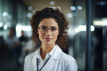 Obraz premium Half body view of beautiful female scientist standing in white coat and glasses in modern medical science laboratory with team of experts in the background.