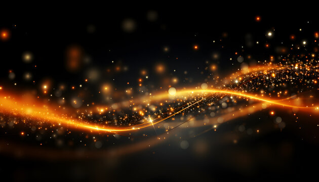 Magic abstract background with golden glowing lines and dots with differential focus in front of black backdrop. Xmas backdrop. 