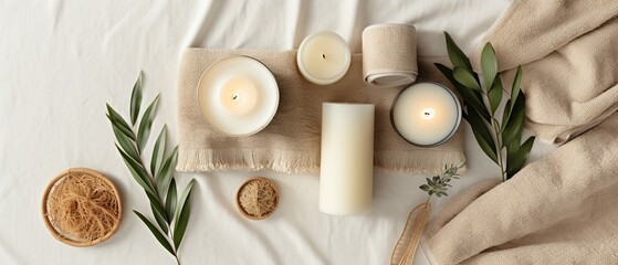 flat lay of a serene spa ambiance, featuring a neatly folded towel, therapeutic herbal pouches, and the gentle glow of candles, evoking a sense of peaceful relaxation and wellness through a top-down - obrazy, fototapety, plakaty