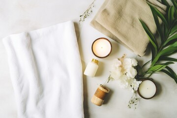 Obraz na płótnie Canvas flat lay of a serene spa ambiance, featuring a neatly folded towel, therapeutic herbal pouches, and the gentle glow of candles, evoking a sense of peaceful relaxation and wellness through a top-down