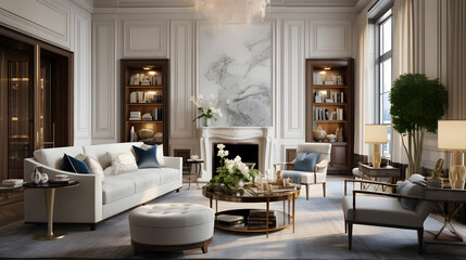 Showcase a luxurious living room in a classic New York apartment. Highlight the ornate detailing, rich textures, and timeless furnishings that exude sophistication and style.