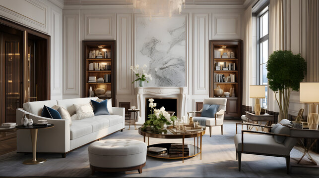 Showcase a luxurious living room in a classic New York apartment. Highlight the ornate detailing, rich textures, and timeless furnishings that exude sophistication and style.