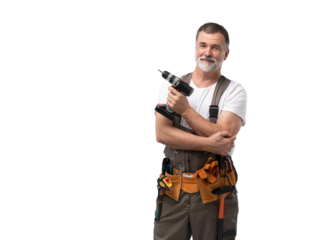 mature happy handyman builder isolated on transparent background