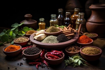 spices and herbs on wooden table. Ayurveda ingredients from above. - obrazy, fototapety, plakaty