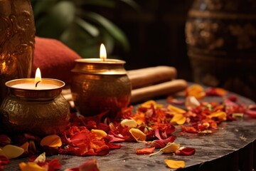 Burning candles and dried flowers closeup in spa salon interior. Ayurvedic Bali style decor.