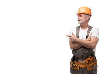 portrait of mature happy handyman presenting something isolated on transparent background