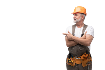 portrait of mature happy handyman presenting something isolated on transparent background