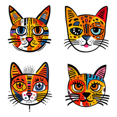 Funny cat animal head cartoon set in colorful flat illustration style. Cute kitten pet collection, diverse domestic cats.