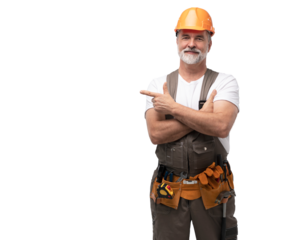 portrait of mature happy handyman presenting something isolated on transparent background